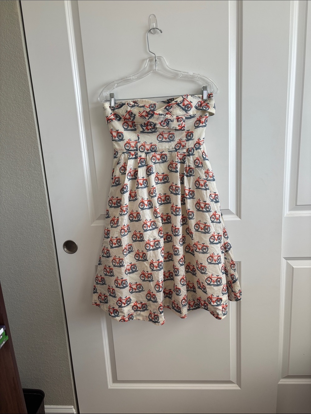 Anthropologie Strapless Cream Dress with Red & Blue Bicycle Print
